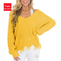 Vana Javeasen Off The Shoulder Autumn Sweater For Women Fringe Distressed Knitted Female Tops Long Sleeve Pullover Sweaters 210922