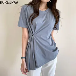 Korejpaa Women T-Shirt Summer Korea Chic All-Match Haze Blue Round Neck Adjustable Buckle Waist Design Irregular Pullovers 210526