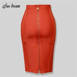 Högkvalitativ Kvinnors Sexig Black Red Blue Orange Zipper Rayon Bandage Skirt Bodycon Club Party Pencil 210629