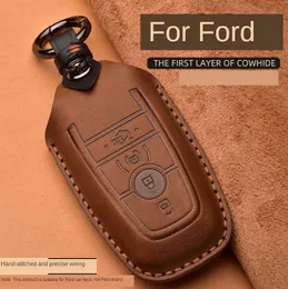 Crazy Horse Leather Car Key Case for Mustang 2018 Ecosport Inteligentne Zdalne FOPS Skorupy Klawisze Klawisze Torba Brelok Akcesoria samochodowe