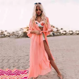 Sexig se genom bikini täcker rosa chiffong tunika långa kimono kvinnor sommar wrap klänning strand slitage baddräkt täcke upp Q1256 210722