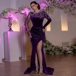 Charming Evening Dress Long Sleeve Purple Velvet Sexy Side Split Mermaid Prom Dresses For Formal Occasions Custom Made Robe de mariée