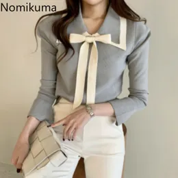 Nomikuma Deixar-se gola arco lace up pulôver contraste cor manga longa slim suéter mulheres sueter mujer estilo coreano 3D012 210514