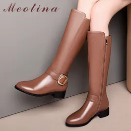 Winter Riding Boots Women Natural Genuine Leather Buckle Chunky Heels Knee High Zip Round Toe Shoes Lady Autumn 39 210517
