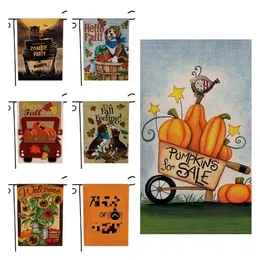 Banner-Flaggen, Halloween-Gartenflaggen, Cartoon-Muster, Thema, zwei Seiten, Halloween-Dekoration, Hofflagge, Leinen, 47 x 32 cm, Partyzubehör T2I52370