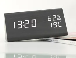 Os mais recentes relógios de mesa, controle de voz de madeira triangular LED temperatura e umidade relógio eletrônico digital de madeira, suporte Logotipo personalizado