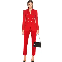Fashion Designer Blazer Suit Set Women's Classic Shawl Collar Lion Buttons Double Breasted Pants 210521