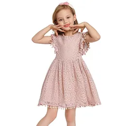 2020 New Brand Girls Dress Tassel Kids Summer Elegant Solid Princess Dress Hollow Out Design Wedding Party Clothes for Kids 2-8T Q0716