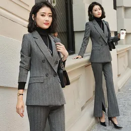 Stripe Large Size Ladies Suits Gray Casual Simple Blazer Dress Stylish Giacca Donna Retro Office Autumn Women Pant Suit MM60NTZ Women's Two