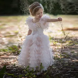 Prenses çiçek kız elbise kısa kollu dantel aplikler fırfırlar özel yapım doğum günü önlükleri güzel zemin uzunluk yarışması ilk cemaat elbiseleri