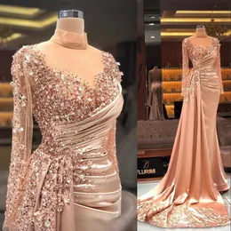 2022 Luxurious Blush Pink Sexy Prom Dresses Mermaid High Neck Crystal Beading Long Sleeves Open Back Evening Dress Party Pageant Formal Gowns Sweep Train Plus Size