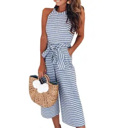 Kvinnor Sommar O-Neck Bowknot Byxor Playsuit Kvinnor Sashes Fickor Ärmlös Rompers Overaller Sexy Office Lady Striped Jumpsuits 210416