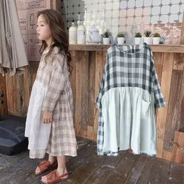 Nastolatki Dziewczyny Sprawdzone Patchwork Dress Dla Dzieci Plaid Cotton Fall Fashion Odzież Koreański Projektant Kieszonkowy Casual 210529
