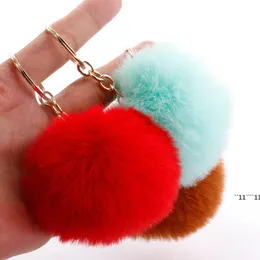 2021 Multi Färg Rosa Kanin Fur Ball Hem Keychain Bag Plush Car Key Holder Hänge för kvinnor Smycken Nyckelringar RRD11745