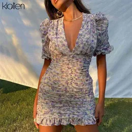 KLALIEN Fashion Elegant Print Boho Floral Office Lady Street Puff Sleeve V Neck Slim Women Dress Summer Club Party Beach Dresses 210623