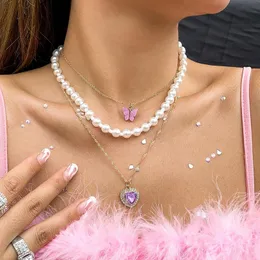 Anhänger Halsketten Kubanische Vintage Diamant Pfirsich Herzförmige Halskette Für Frauen Mehrschichtige Imitieren Perlenkette Licht Luxus Schmuck Weibliche 20