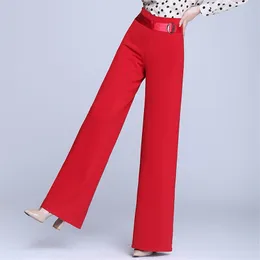 Yuey byxor för vår sommar hög midja mode rakt breda ben byxor lösa godis färger stor storlek med bälte röd grön 210915