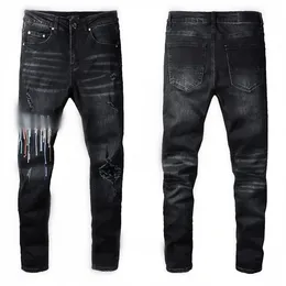 Люксрийные дизайнерские джинсы моды 22ss джинсы с тонкими ногами пять звездных байкерских брюк расстроенные водяные алмазные полосы Джинсовые брюки высший размер 29-40 6G85
