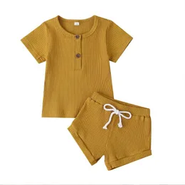 Fashion Summer Newborn Baby Girls Boys Clothes Ribbed Cotton Casual Short Sleeve Tops T-shirt+Shorts Toddler Infant Outfit Set Children's suit