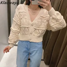 Knitted Cardigan Women Vintage Sweater Cute Cropped V Neck Pearl Buttons Long Sleeve Hollow Out Truien Strickjacke Damen Knit 210521