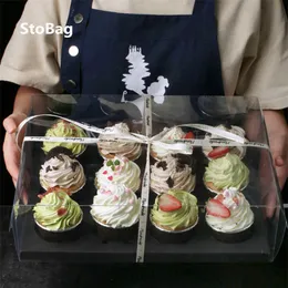 stobag 5pcs 투명 휴대용 컵 케이크 상자 빵 케이크 상자 및 포장 Patisserie 웨딩 베이비 샤워 파티 장식 210724