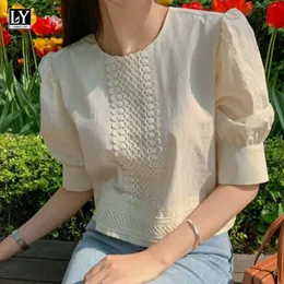 LY VAREY LIN Summer Women Sweet O-neck Puff Sleeve Tops Elegant Lace Loose Office Lady Tender Apricot Short Shirts 210526