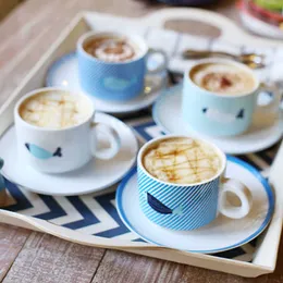 Modern Style Fish Printed Coffee Tea Set Ceramic 4 Cups 4 Trays 4 Spoons Simple Gifts For Friend Wholesale Price Porcelain 8pcs