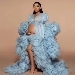 2021 Rufles Sky Ble Tulle Kimono Kobiety Prom Dresses Robe do Photoshoot Puffy Rękawy Suknie Wieczorowe Afryki Cape Cloak Maternity Fotografia