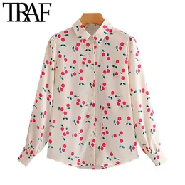 Women Fashion Cherry Print Loose Blouses Vintage Long Sleeve Button-up Female Shirts Blusas Chic Tops 210507