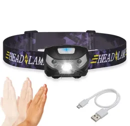 Mini LED Headlamp Ciało Czujnik ruchu Lekkie reflektory Rechargeable Zewnątrz Kemping Latarka Głowica Lampa Latarka światła z ładunkiem USB