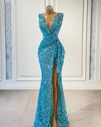 Sexy Cekinowa Syrenka Prom Dresses V Neck High Side Split Dubaj Plus Size Kobiety Formalne Suknie Wieczorowe Robes De Soiree