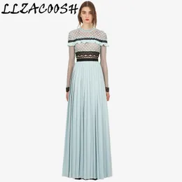 Högkvalitativ självporträtt Designer Runway Dress Women's Elegant Chiffon Patchwork Hollow Out Lace Pleated Long Dress 210514