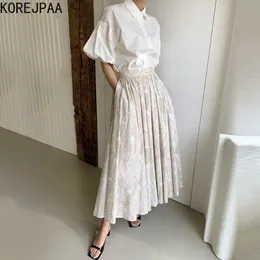 Korejpaa Women Set Summer Korea Chic Simple Temperament Matching Lapel Collar Puff Sleeve Shirt High Waist Ink Print Skirt 210526
