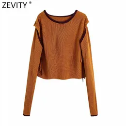 Zevity Womenファッションの閲覧2着色編みセーター女性シックoネックパッチワークプルオーバークロップトップSW817 210603