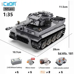 CADA 기술적 인 RC 탱크 925 PC 1:35 WW2 타이거 탱크 MOC 군용 ARMAS 탱크 모델 키트 빌딩 블록 소년 용 원격 장난감 Y220214