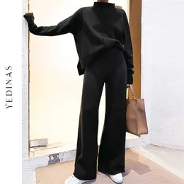 Yedinas Two Piece Set Top And Pants Winter Korean Womens Tracksuit Knitted Casual 2 s Clothes Outfits 211105