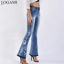 Logami blomma broderi skinny jeans kvinna vintage flare denim byxor kvinna 210922