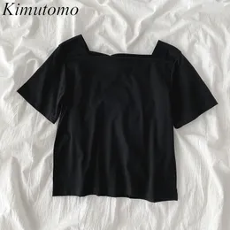 Kimutomo Sommar Kortärmad T-shirt Kvinnor Koreansk stil Square Collar Slim Waist Solid Short Tops Outwear Fashion 210521