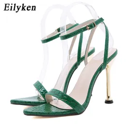 EilyKen 2021 Nya Ankelband Gröna Kvinnors Högklackat 11cm Sandaler Pekade Toe Kvinna Party Skor Sandalias de Mujer DSEF312321