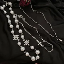 Anhänger Halsketten 3PCS Vintage Perle Kreuz Schlüsselbein Kette Halskette Für Frauen Metall Punk Kristall Blume Egirl Choker Y2K Schmuck