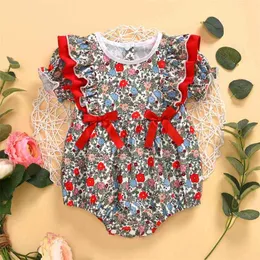 夏のかわいいローマ字の花のちょう結びりんごのための幼児のための服女の子の女の子Bodysuit 210528