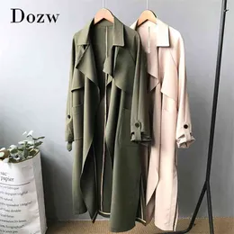 Elegant Solid Color Windbreaker Women Coat With Pockets Fashion Split Hem Sashes Outwear Casual Long Trench 210515