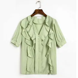 아마도 밝은 녹색 화이트 V 목 솔리드 프릴 버튼 쉬폰 셔츠 반소매 여름 캐주얼 우아한 여성 B0623 210529
