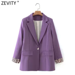 Women Fashion Cuff Leopard Patchwork Purple Fitting Blazer Coat Office Lady Single Button Outerwear Suits Chic Tops CT690 210416