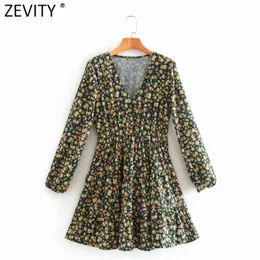 Kobiety Sweet V Neck Country Style Floral Print A Line Sukienka Femme Z Długim Rękawem Płaski Mini Vestido Chic Tkaniny DS4696 210420