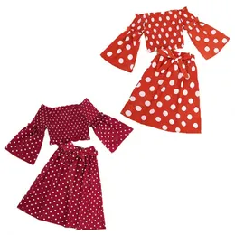 barnkläder sätter tjejer polka dot outfits barn flare ärm ruffle toppar + prickar kjolar 2st / set våren höst mode boutique baby kläder