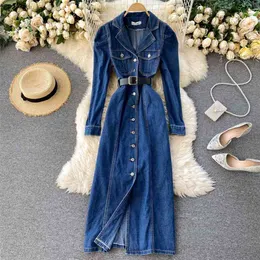 Vintage blå denim klänning kvinnor höst lapel krage full ärm singel breasted koreanska arbete ol jeans långa maxi 210603