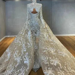 High Neck Beading Mermaid Bröllopsklänning med avtagbara tåg Långärmade Lyxiga Brudklänningar Lace Appliqued Vestidos