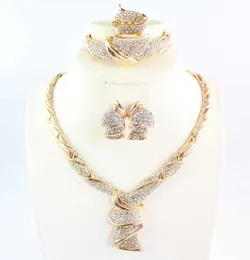 Afrikanska pärlor smycken set kvinnor guld färg kristall bröllopsfest halsband armband örhänge ring fin smycken set h1022