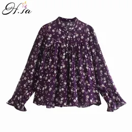 HSA Women Floral Blouses Flare Sleeve vintage stand collar print casual kimono blouse pleats Shirts 210417